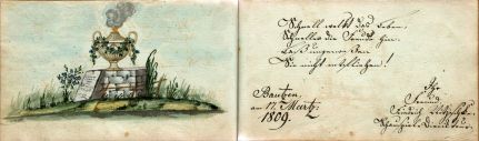 3) Poesiespruch von Friedrich Nitzschke von 1809 in einem Stammbuch: Handschriftlicher Originaltext mit Farbzeichnung